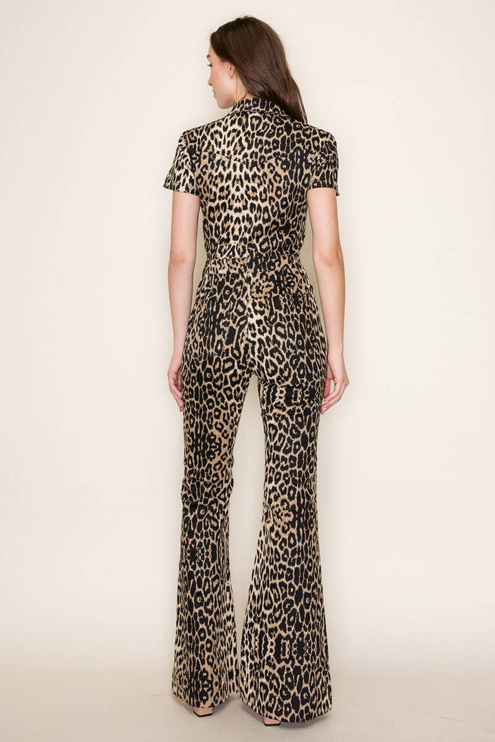 Leopard Flare Leg Denim Jumpsuit