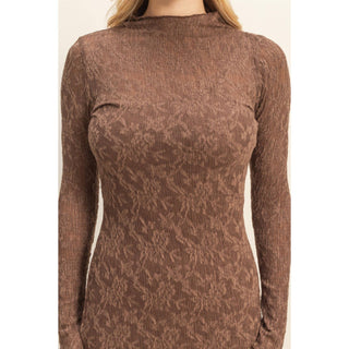 Sleek Long Sleeve Mock Neck Lace Maxi Dress