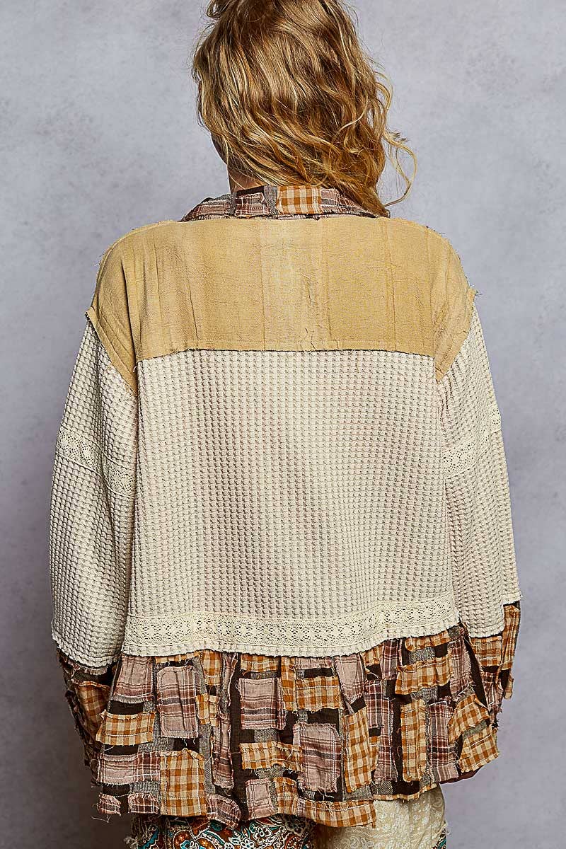 Patchwork Plaid Knit Shacket | Almond