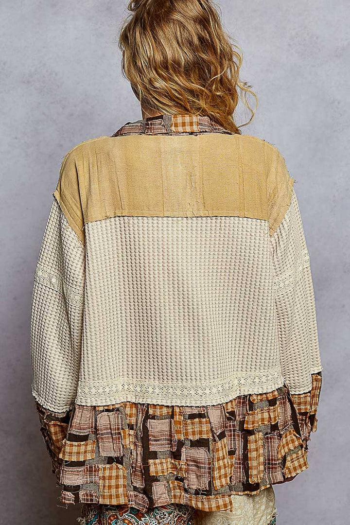 Patchwork Plaid Knit Shacket | Almond