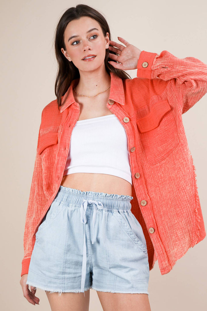 Mineral Washed Oversized Gauze Shacket | Coral