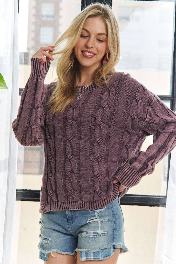 Mineral Wash Cable Knit Sweater | Plum