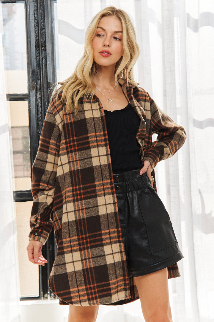 Button Down Flannel Shacket | Apricot & Brown