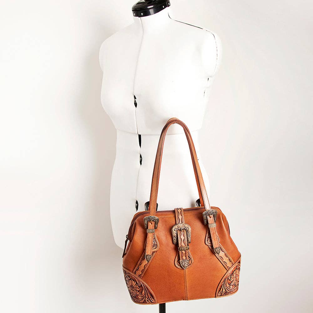 Hand-Tooled Leather & Buckle Shoulder Bag
