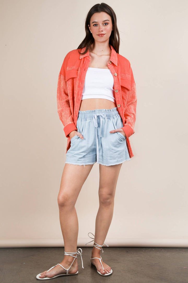 Mineral Washed Oversized Gauze Shacket | Coral