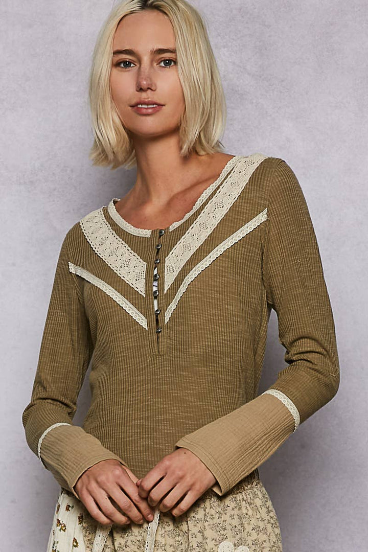 Double Gauze Long Sleeve Rib Top | Olive