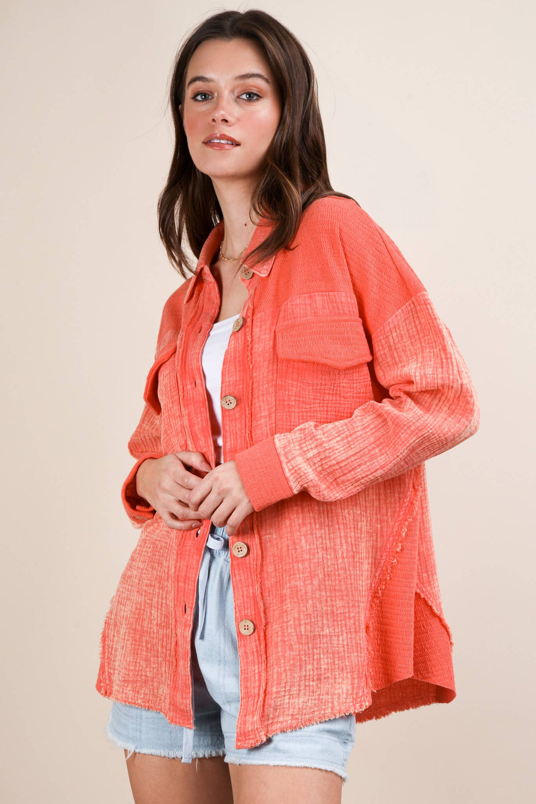 Mineral Washed Oversized Gauze Shacket | Coral