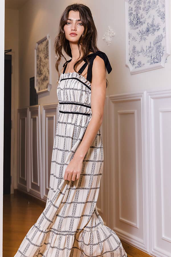 D4199  Self Tie Shoulder Plaid Print Midi Dress