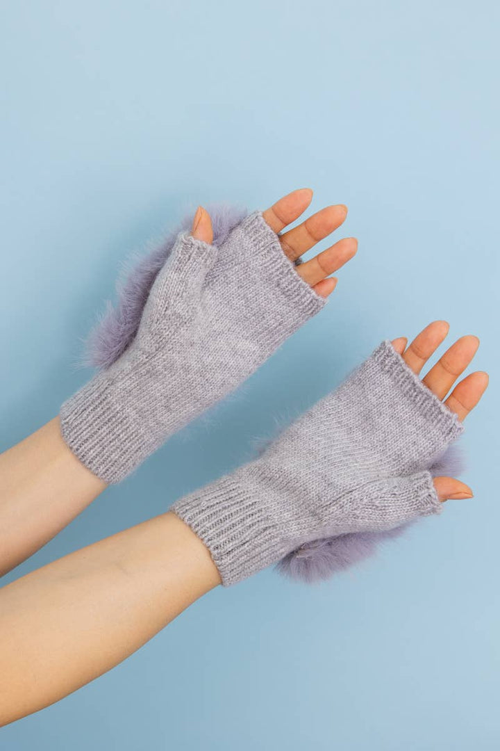 Faux Fur Trim Fingerless Knit Mittens | Gray