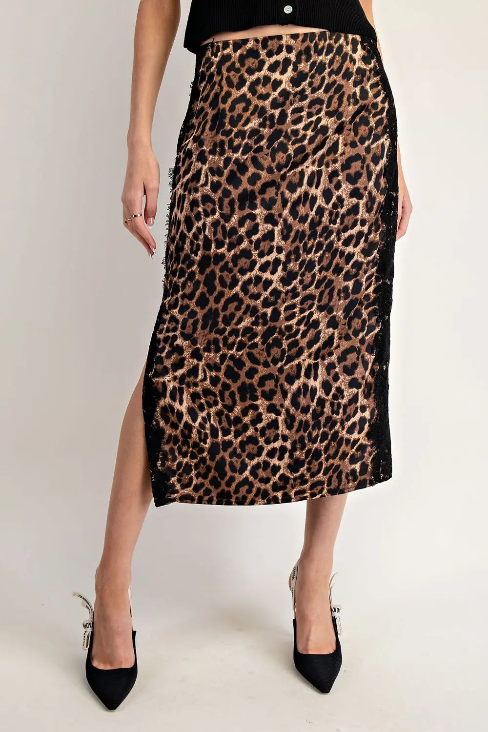 Leopard Lace Trim Midi Skirt