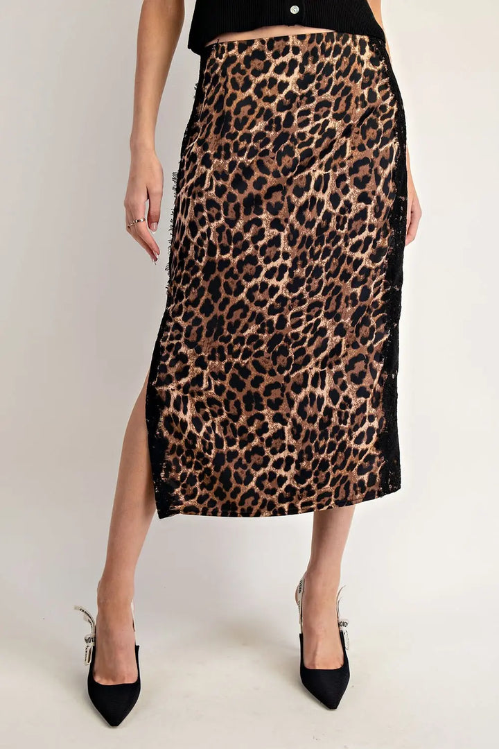 Leopard Lace Trim Midi Skirt