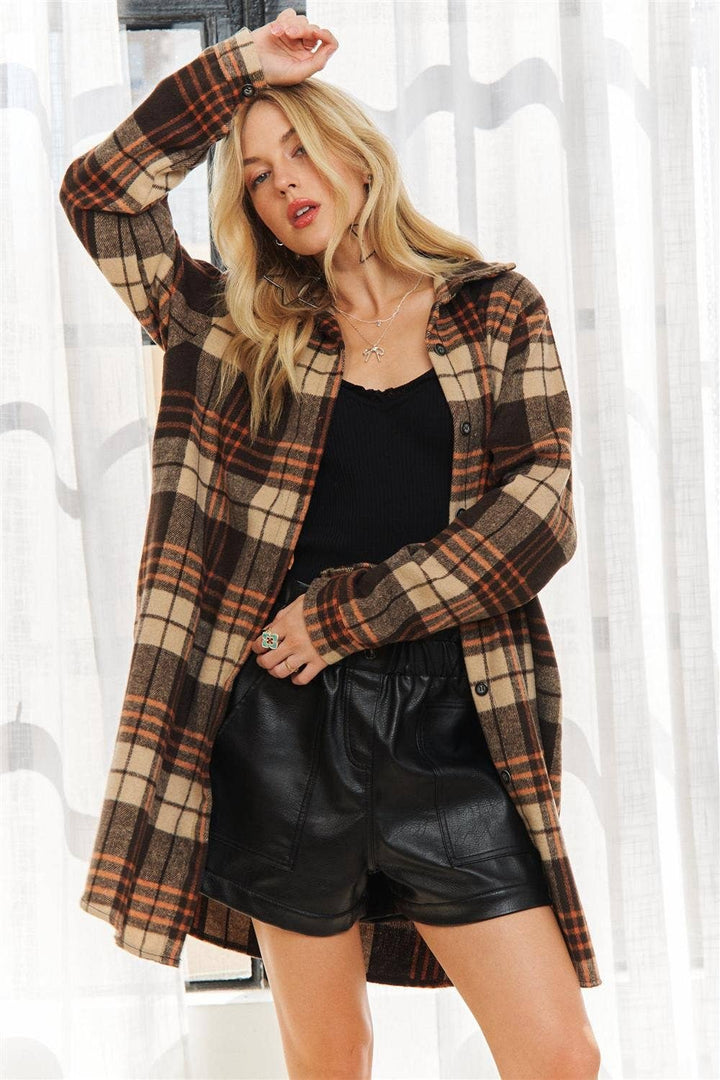 Button Down Flannel Shacket | Apricot & Brown