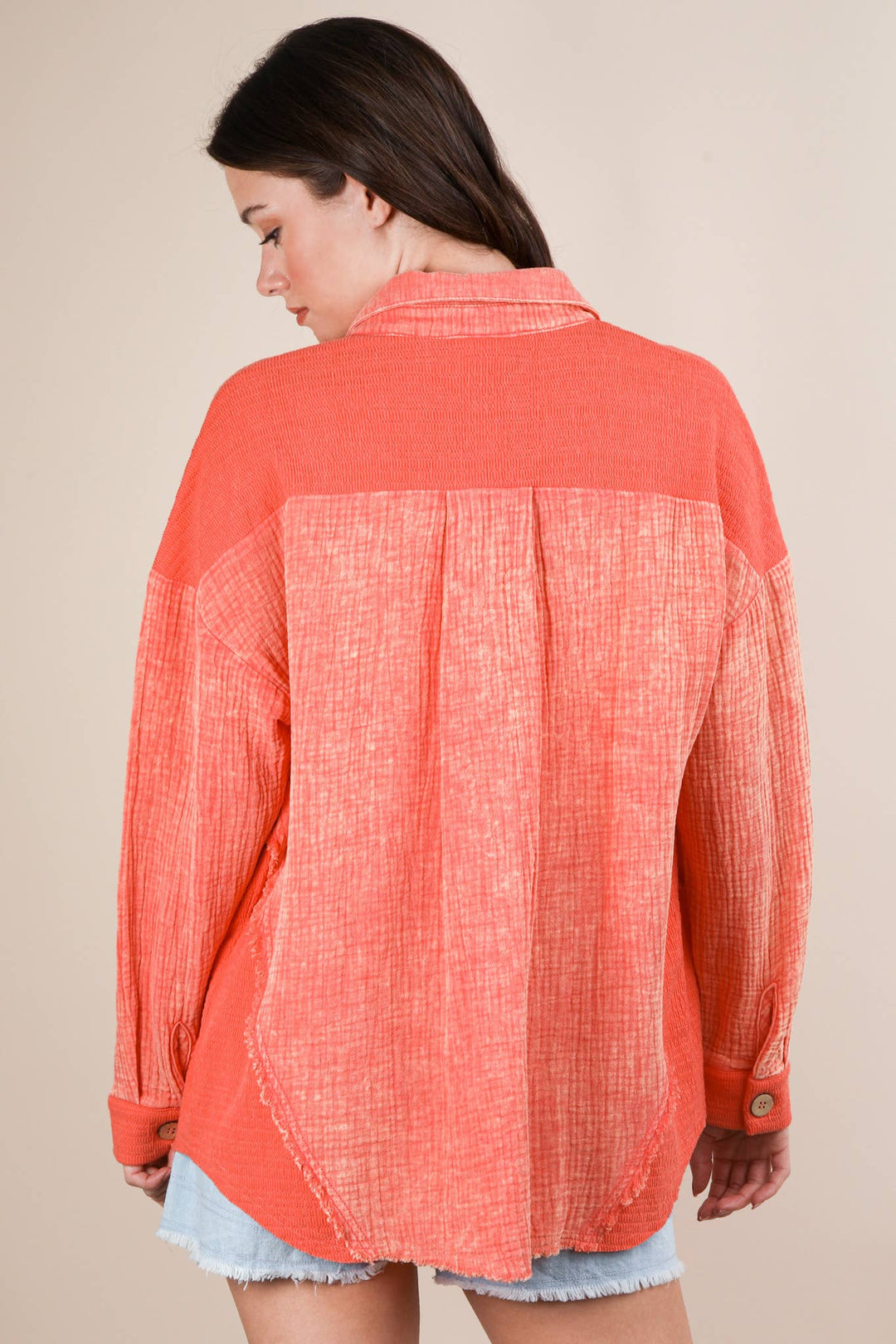 Mineral Washed Oversized Gauze Shacket | Coral