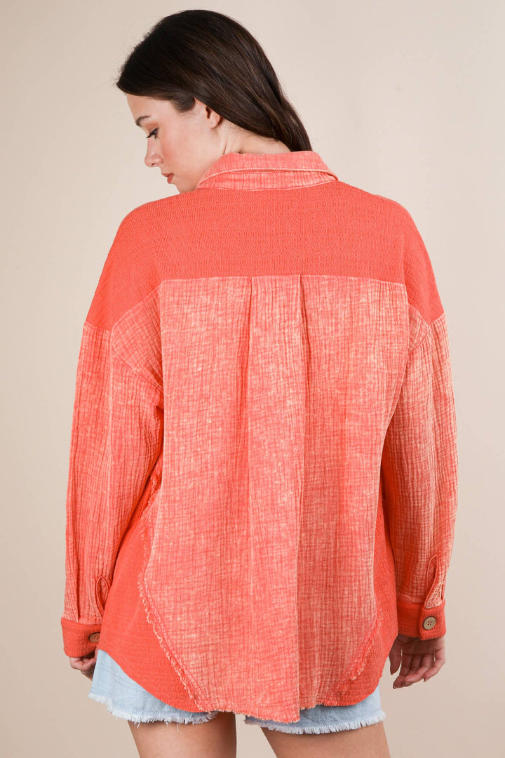 Mineral Washed Oversized Gauze Shacket | Coral