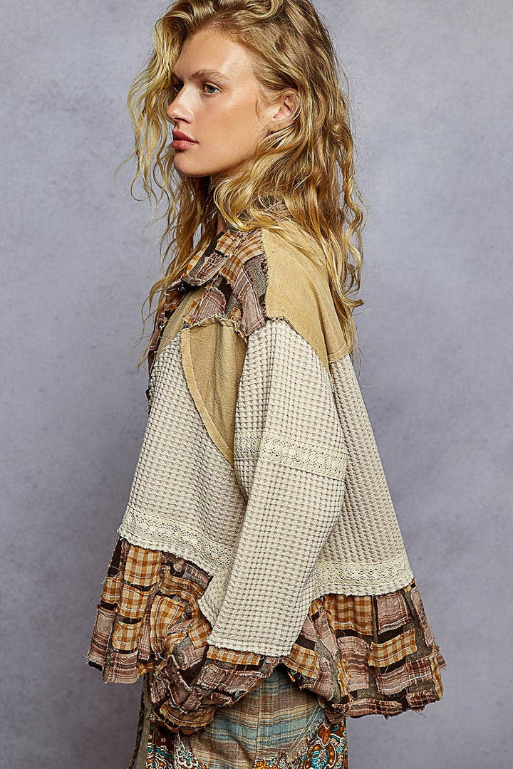 Patchwork Plaid Knit Shacket | Almond