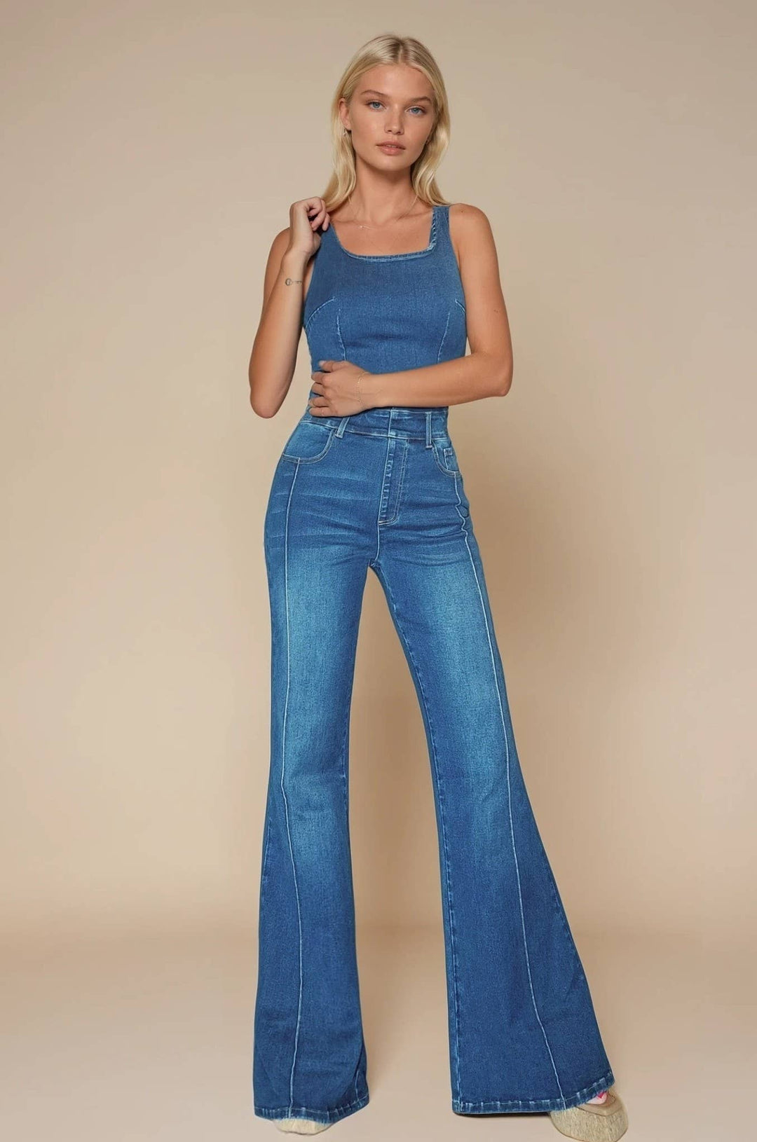 Sleeveless Wide-Leg Denim Jumpsuit