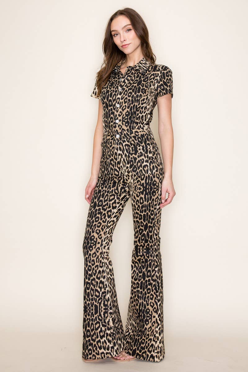 Leopard Flare Leg Denim Jumpsuit