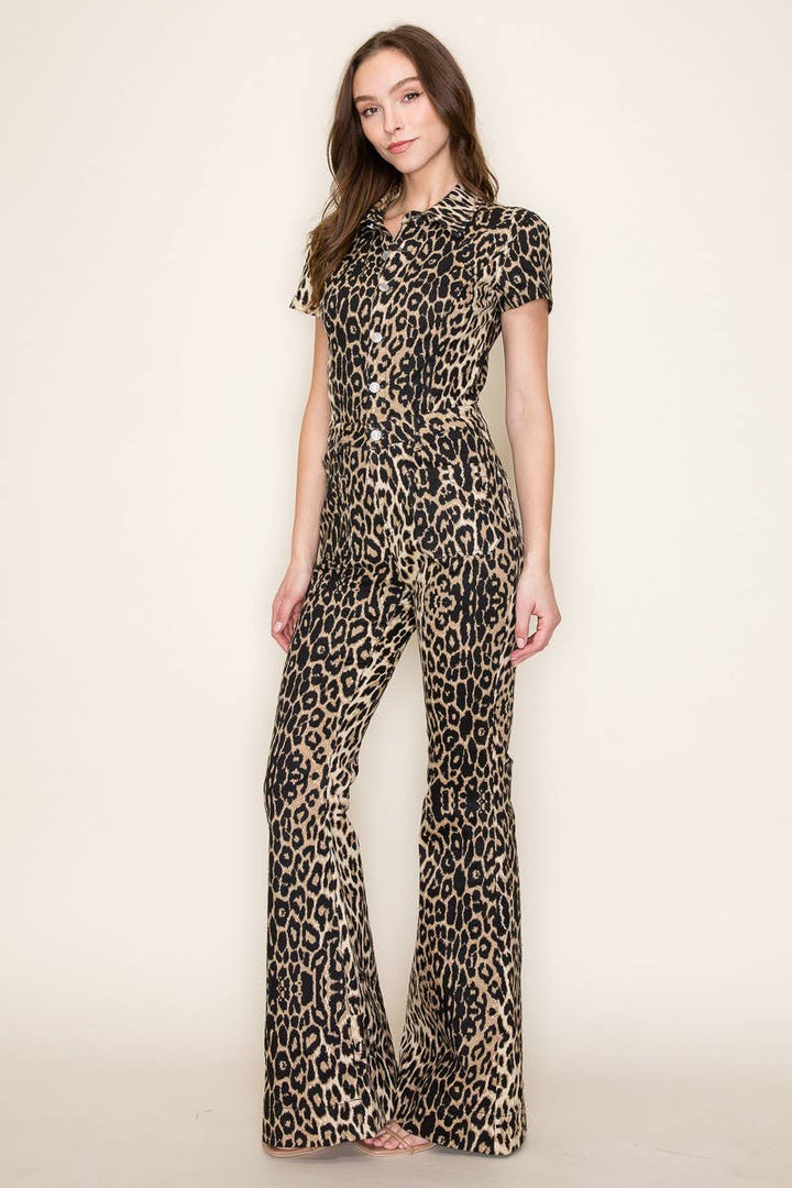 Leopard Flare Leg Denim Jumpsuit
