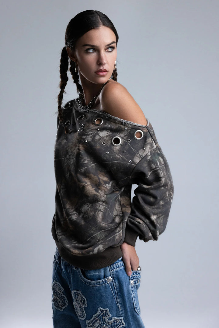 Miss Me Charlene Camo One-Shoulder Top