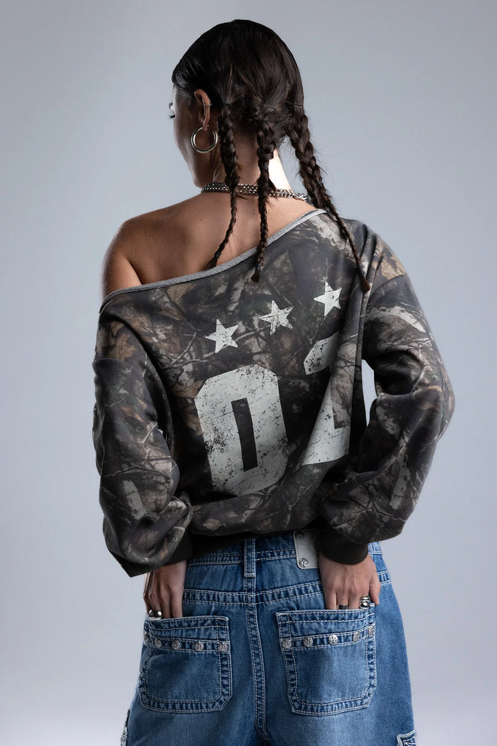 Miss Me Charlene Camo One-Shoulder Top