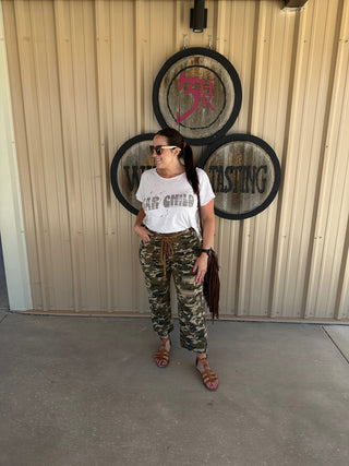 Distressed Camo Pants with Corded Belt