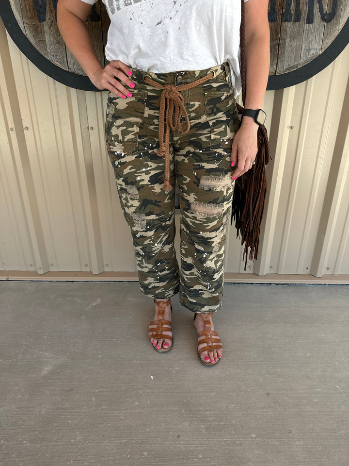Distressed Camo Pants with Corded Belt