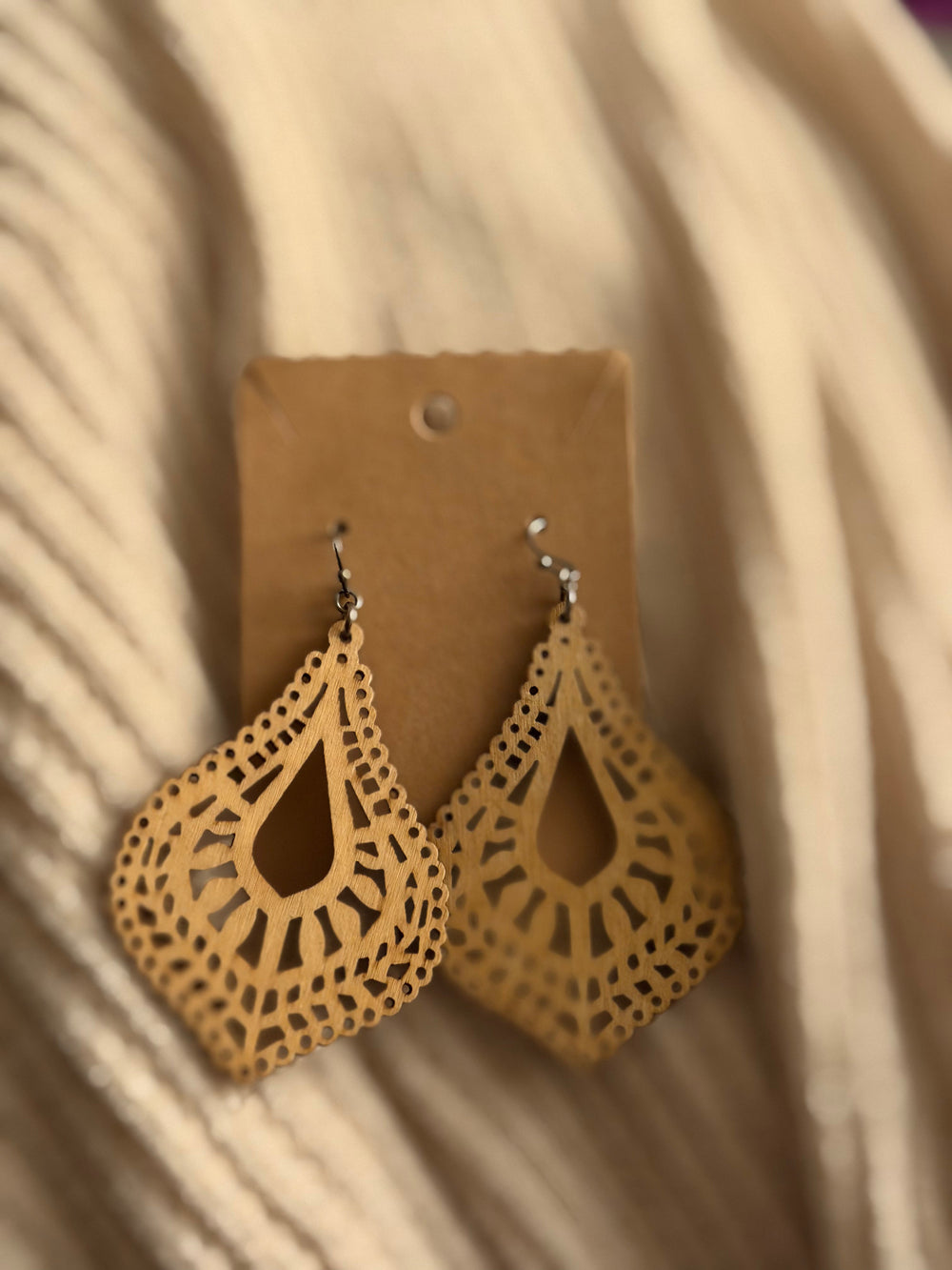 Carved Wood Teardrop Earrings in Light | Yeah Gurl Boutique
