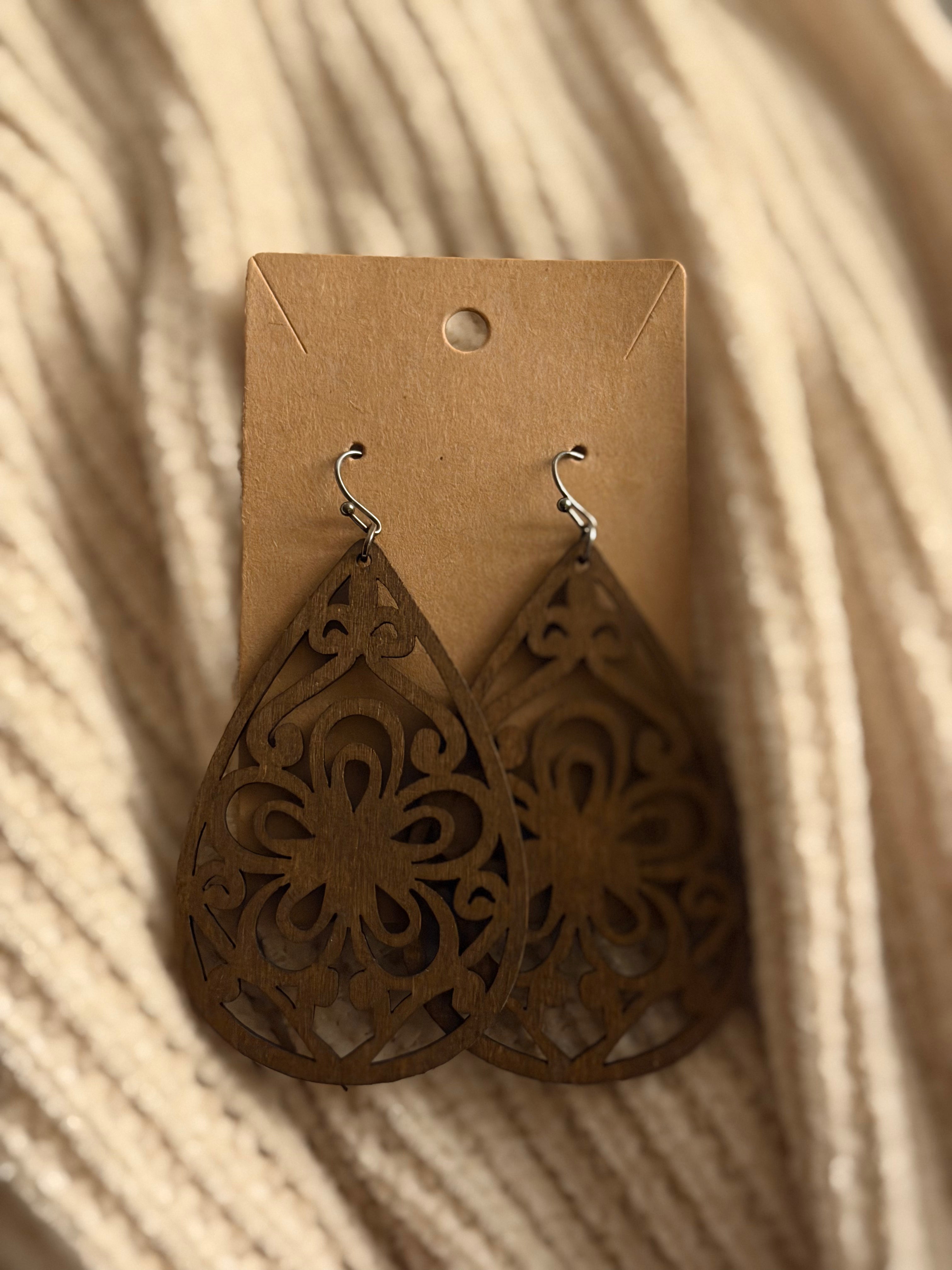 Carved Wood Teardrop Earrings