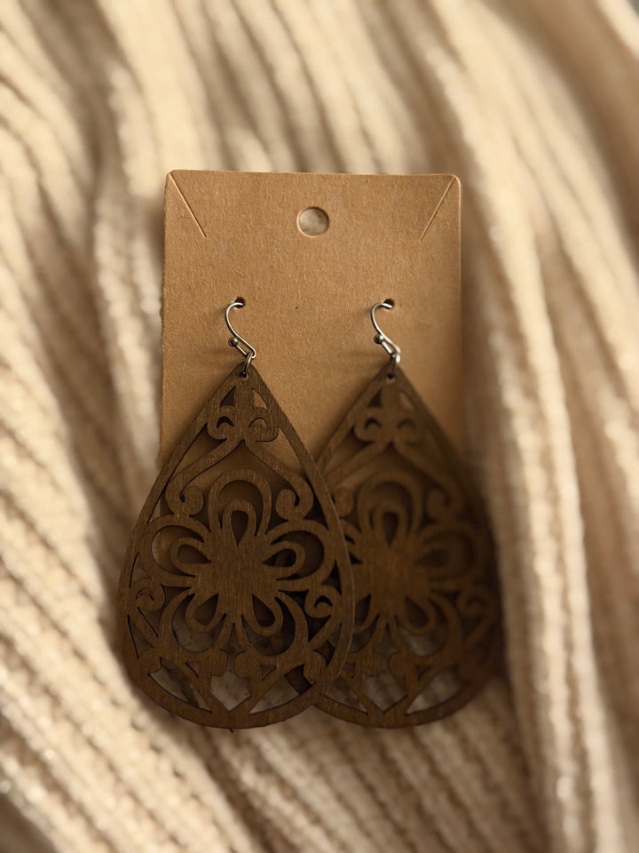 Carved Wood Teardrop Earrings