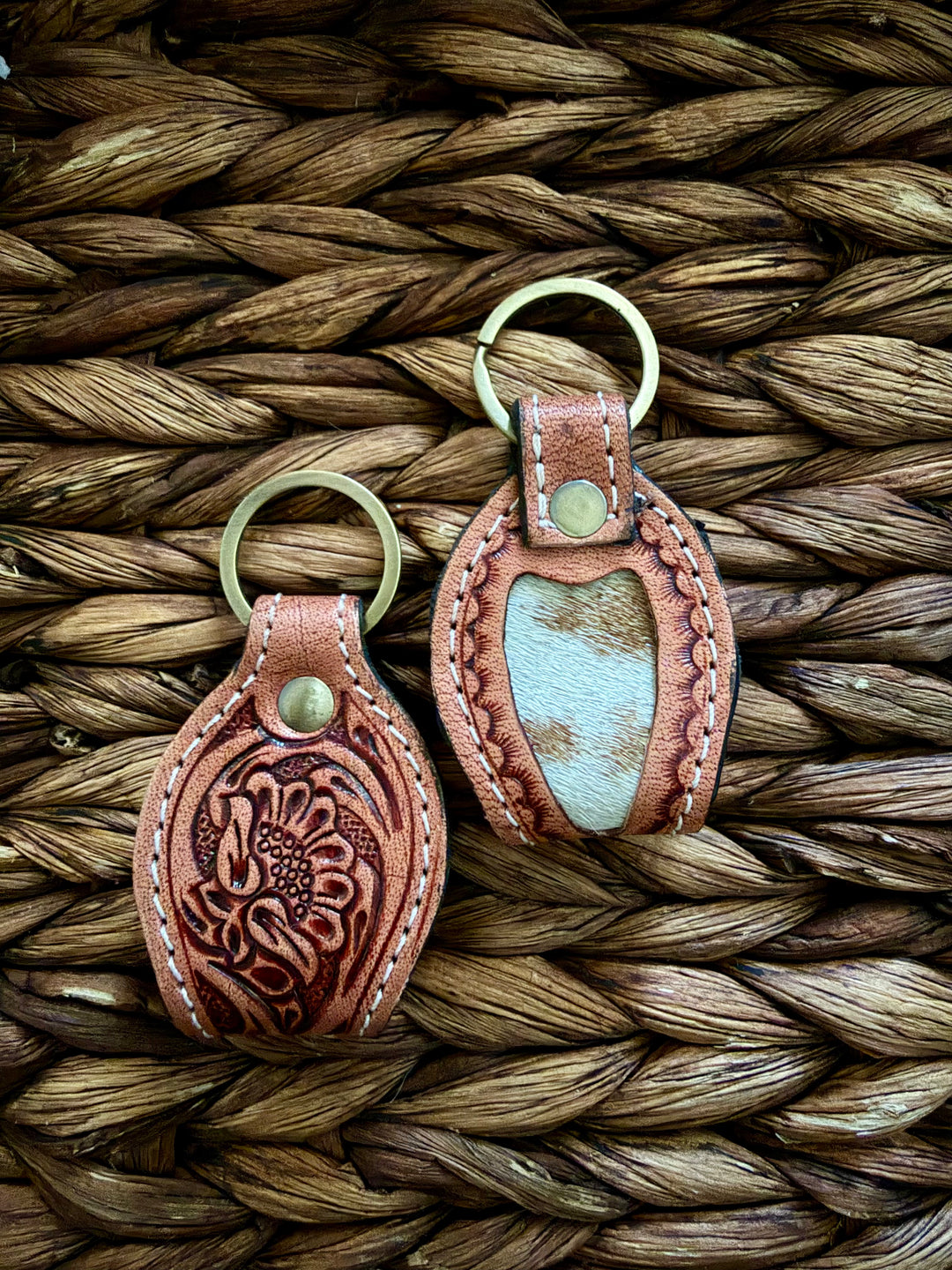 Mini Tooled Leather & Cowhide Keychain