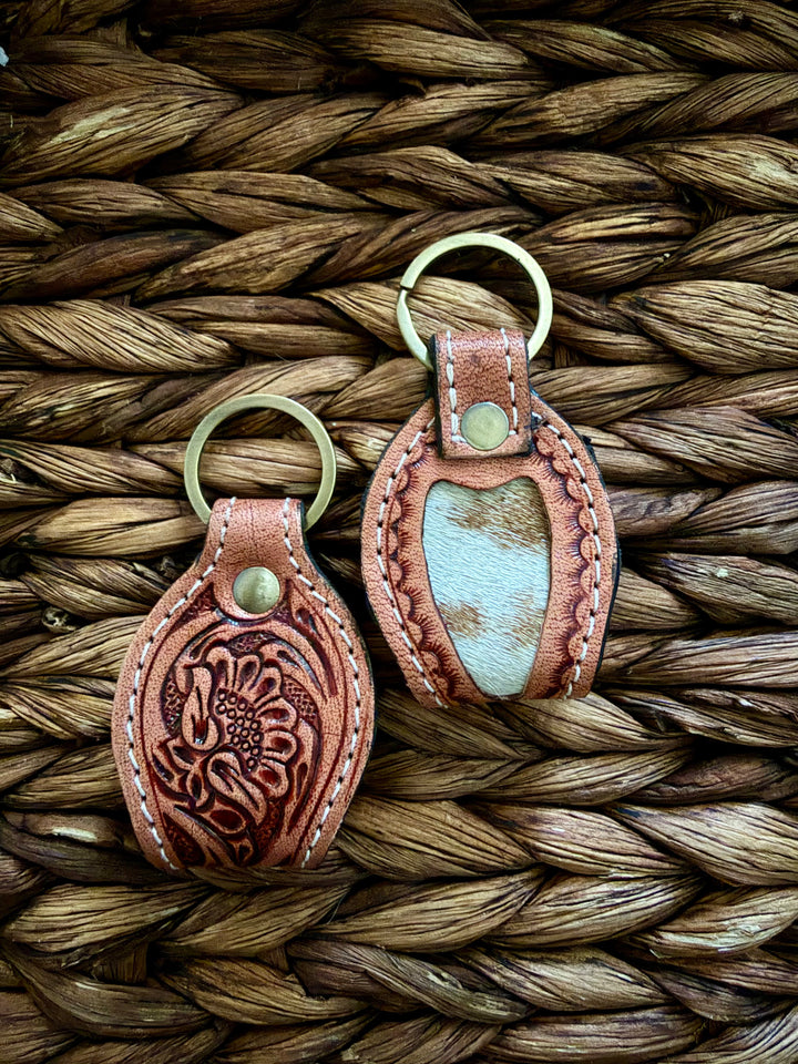 Mini Tooled Leather & Cowhide Keychain