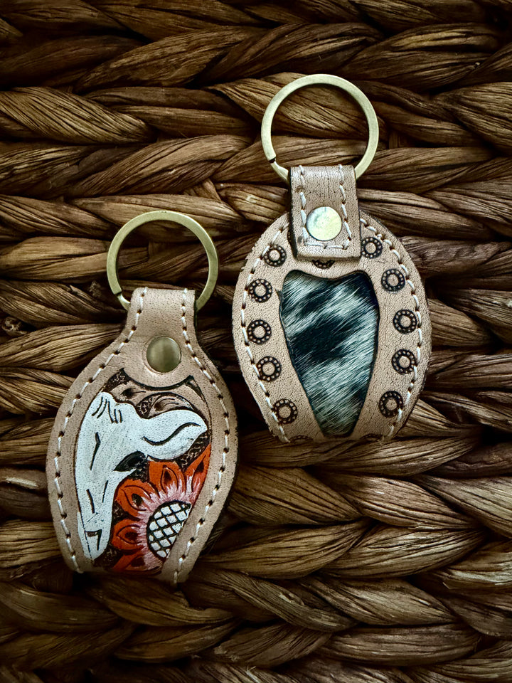 Mini Tooled Leather & Cowhide Keychain