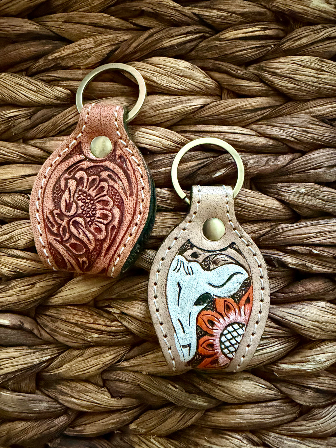 Mini Tooled Leather & Cowhide Keychain