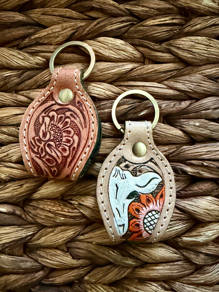 Mini Tooled Leather & Cowhide Keychain