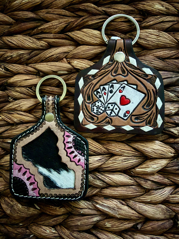 Tooled Leather Cattle Tag Keychain