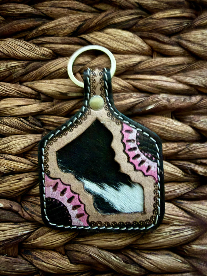 Tooled Leather Cattle Tag Keychain
