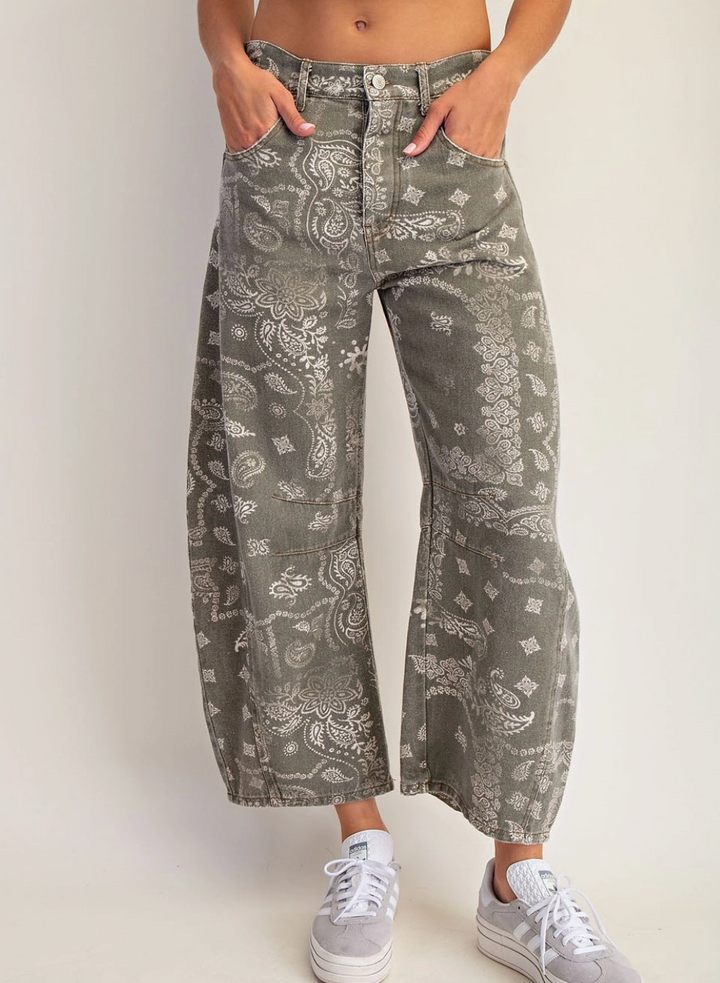 Mineral Washed Paisley Printed Barrel Jeans | Vintage Army