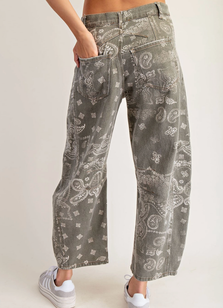 Mineral Washed Paisley Printed Barrel Jeans | Vintage Army