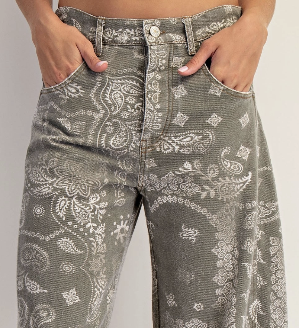 Mineral Washed Paisley Printed Barrel Jeans | Vintage Army