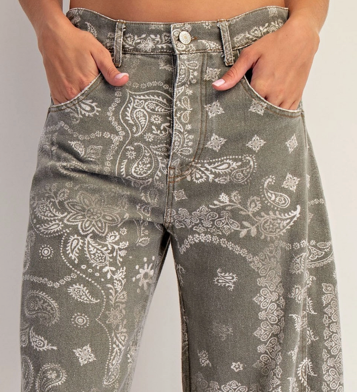 Mineral Washed Paisley Printed Barrel Jeans | Vintage Army