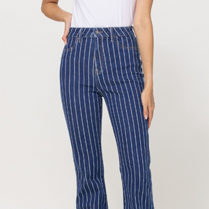 High Rise Stripe Frayed Hem Flare Jeans (Dark Denim)