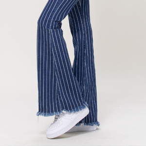 High Rise Stripe Frayed Hem Flare Jeans (Dark Denim)
