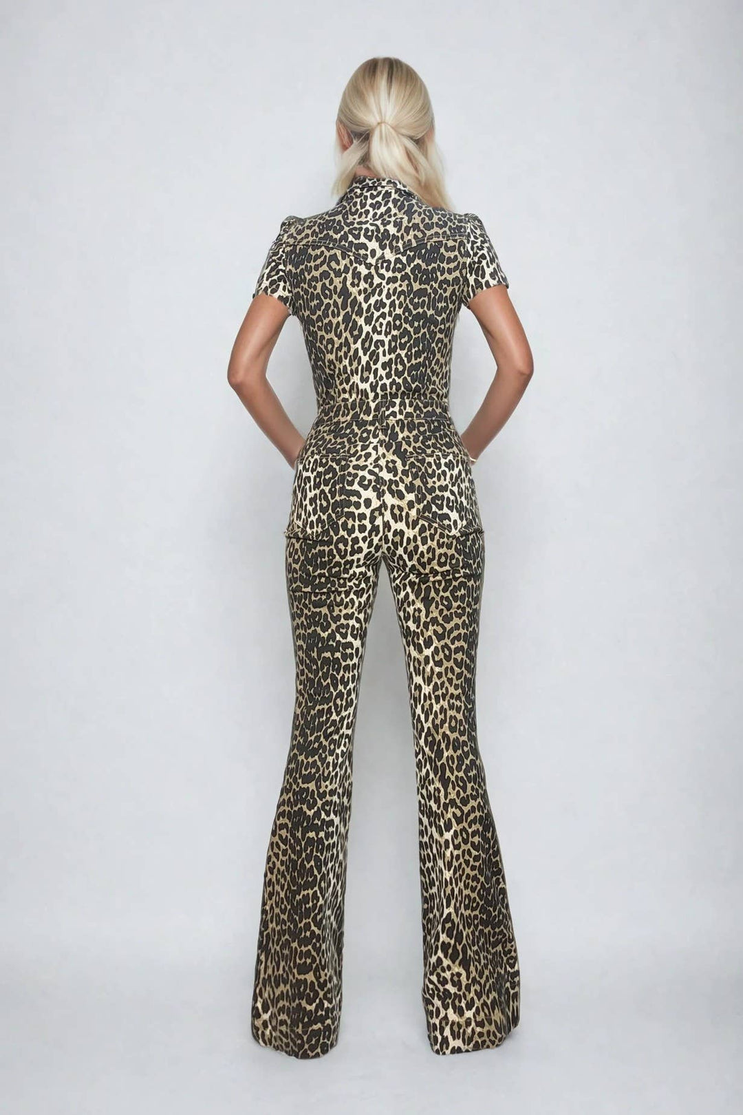 Leopard Flare Leg Denim Jumpsuit