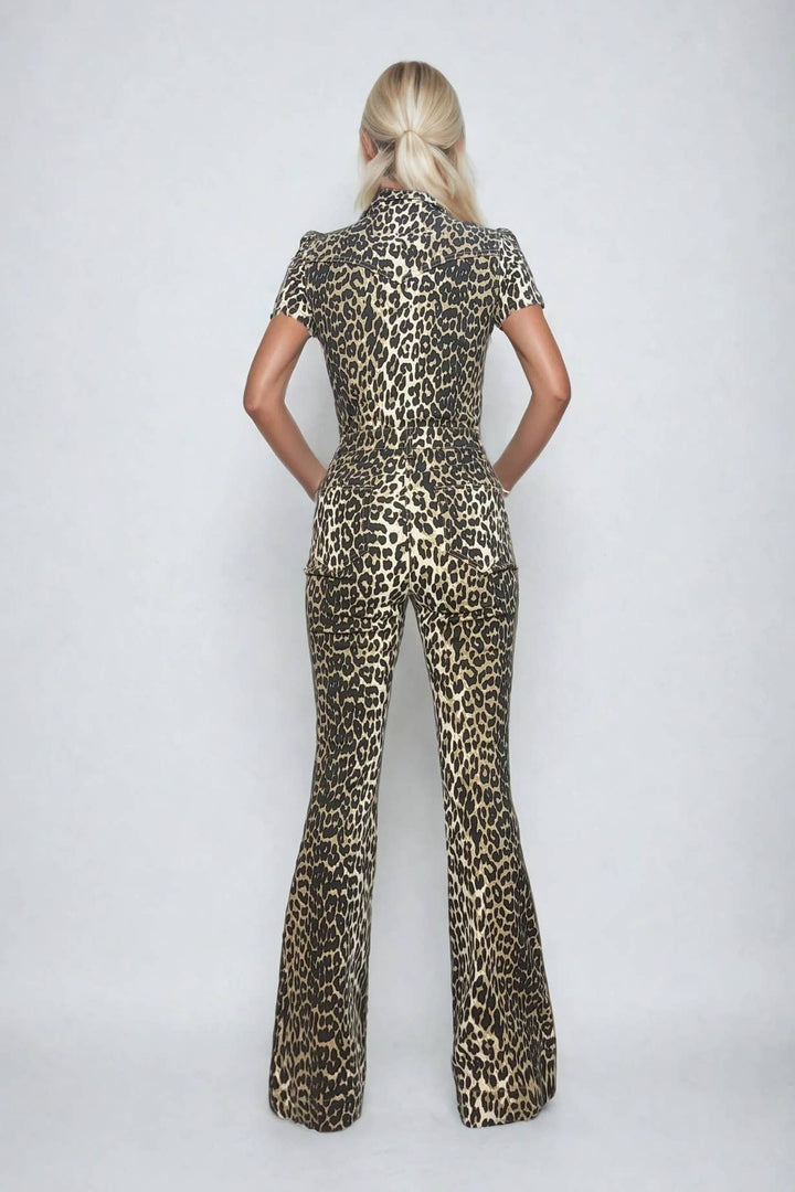 Leopard Flare Leg Denim Jumpsuit