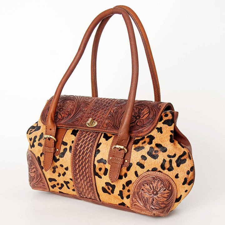 Leopard Hair-On Cowhide & Tooled Leather Buckle Bag