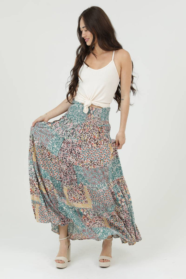 Boho Patchwork Tiered Maxi Skirt
