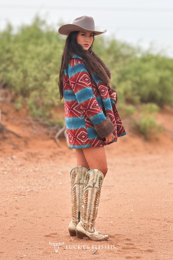 Jade & Deep Red Aztec Wool Blend Coat