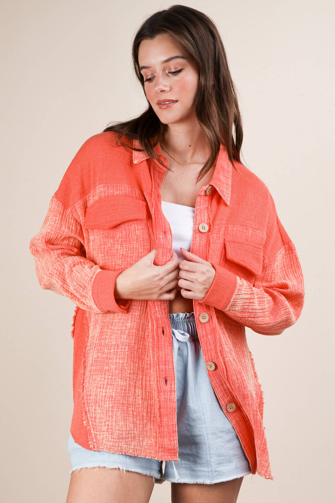 Mineral Washed Oversized Gauze Shacket | Coral