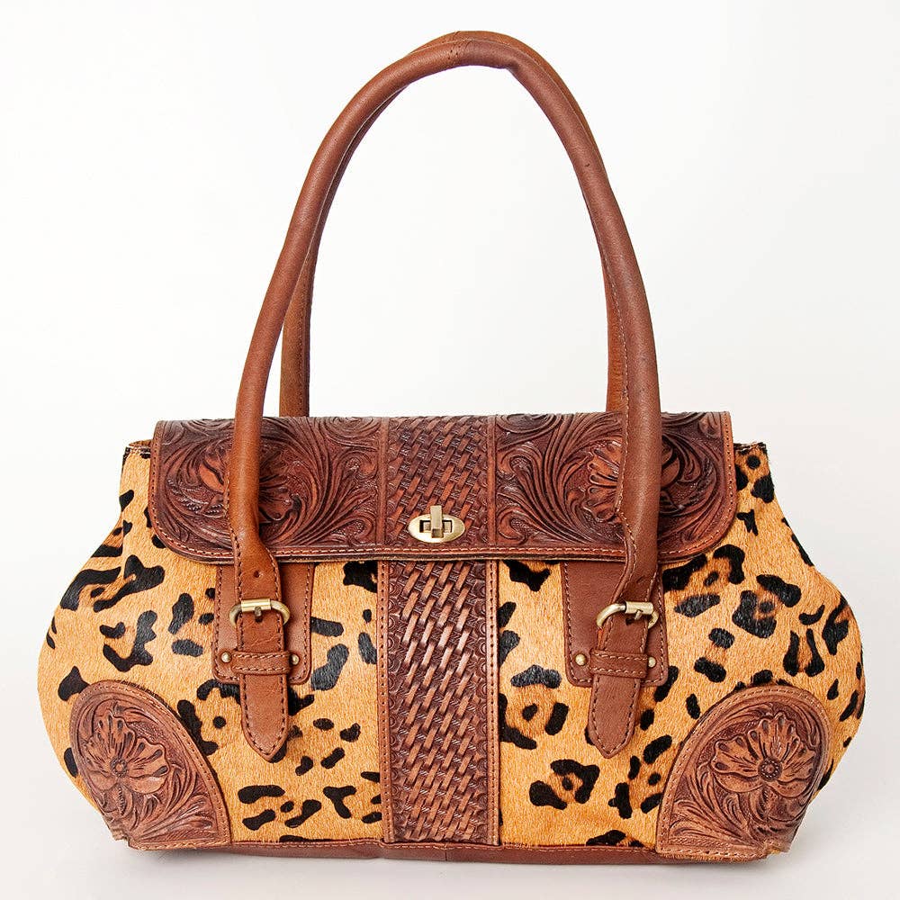 Leopard Hair-On Cowhide & Tooled Leather Buckle Bag
