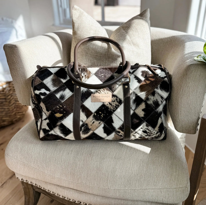Boho Luxe Cowhide Weekender Bag | Brown + White